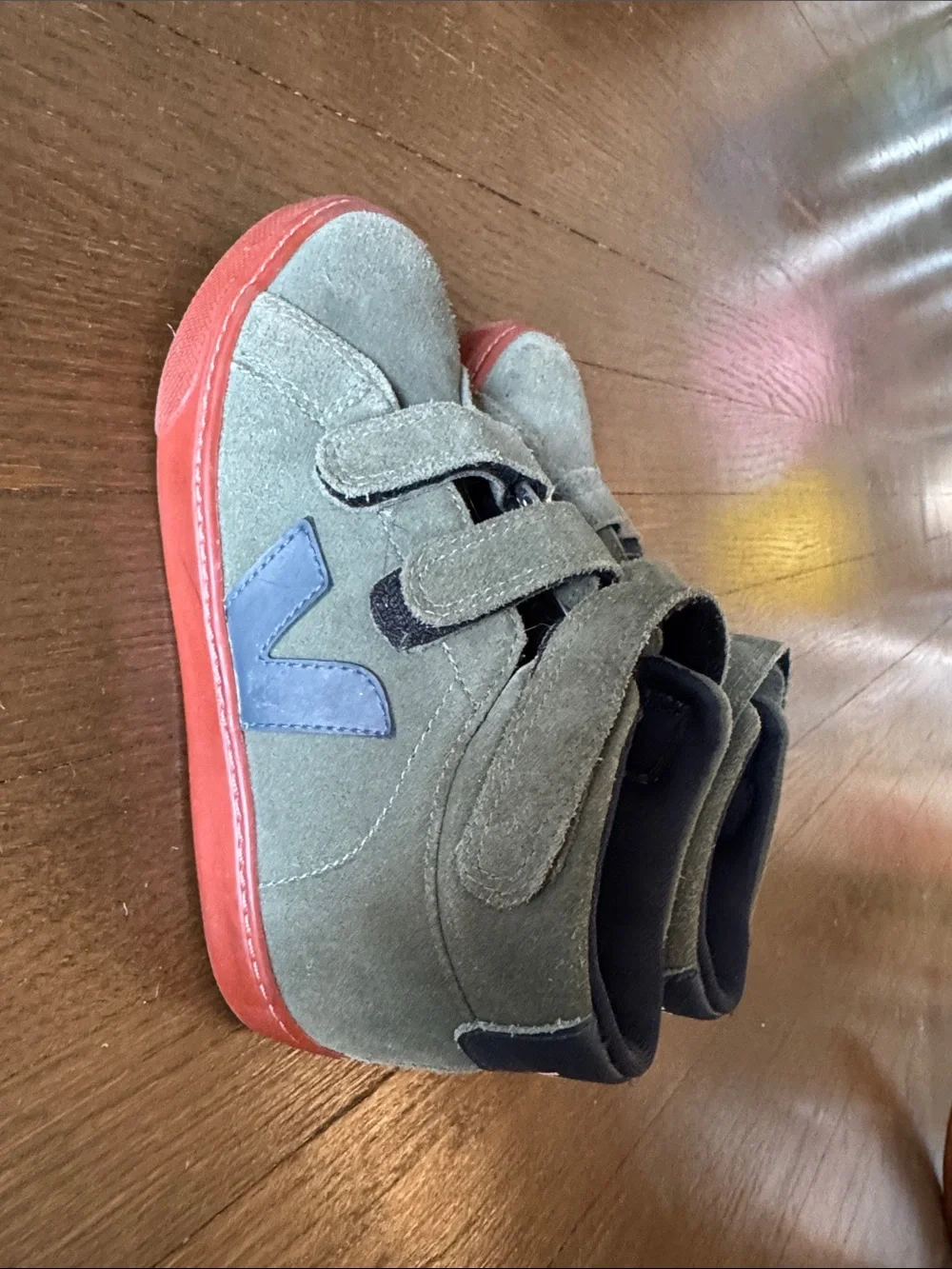 Veja Kids Suede Sneakers with Red Sole - Velcro Closure